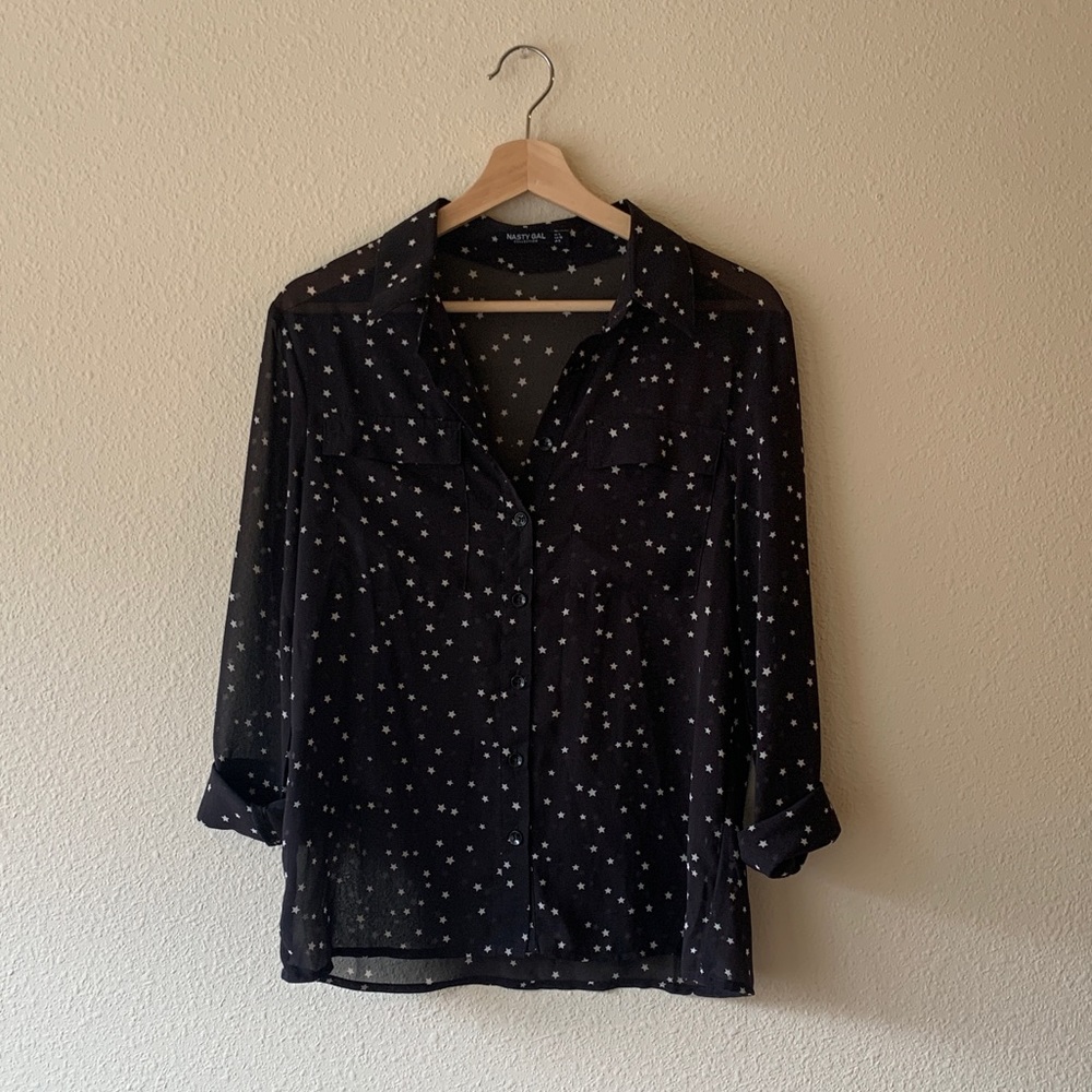Sheer Star Print Button Down
